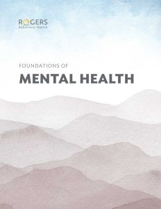 The image features the cover of a publication titled "Foundations of Mental Health." The background consists of a series of overlapping, watercolor mountain ranges in shades of blue, grey, and pink, creating a calm and serene atmosphere. The text "FOUNDATIONS OF MENTAL HEALTH" is prominently displayed in the center, with "MENTAL HEALTH" in bold, capitalized letters.