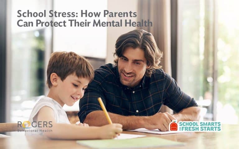 The image shows a dad and son at a table engaged in a writing activity. On the upper left, here is text : How Parents Can Protect Their Mental Health and a logo: School Smarts for Fresh Starts