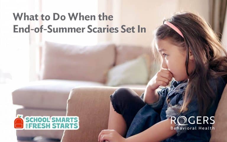 The image shows a young girl sitting on a sofa with her knees up, looking contemplative. On the left side of the image, there is a block of text in a dark, clear font: What to Do When the End-of-Summer Scaries Set In
