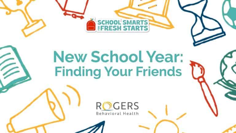"New School Year: Finding Your Friends" surrounded by school-related illustrations and logos.