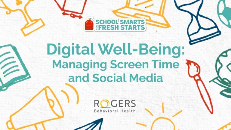 Banner with the text "Digital Well-Being: Managing Screen Time and Social Media" surrounded by line art icons.