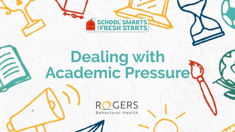 Colorful sketches of school items with the text "Dealing with Academic Pressure."