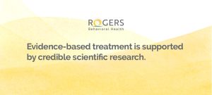The image is a banner featuring a simple design with a white background. "Rogers Behavioral Health logo above text stating evidence-based treatment is supported by scientific research."
