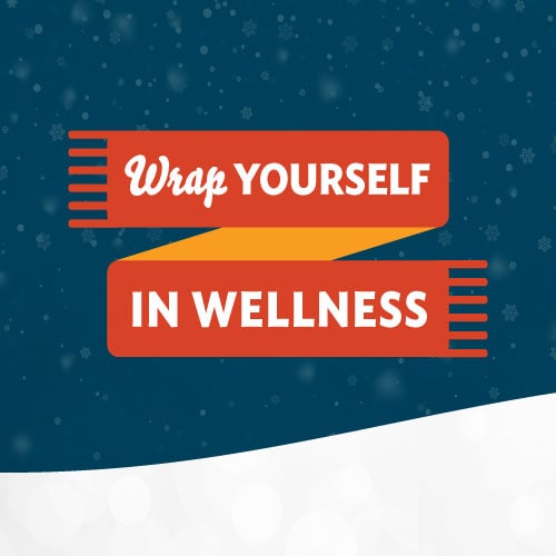 Red scarf with 'Wrap Yourself in Wellness' text on a winter-themed background.