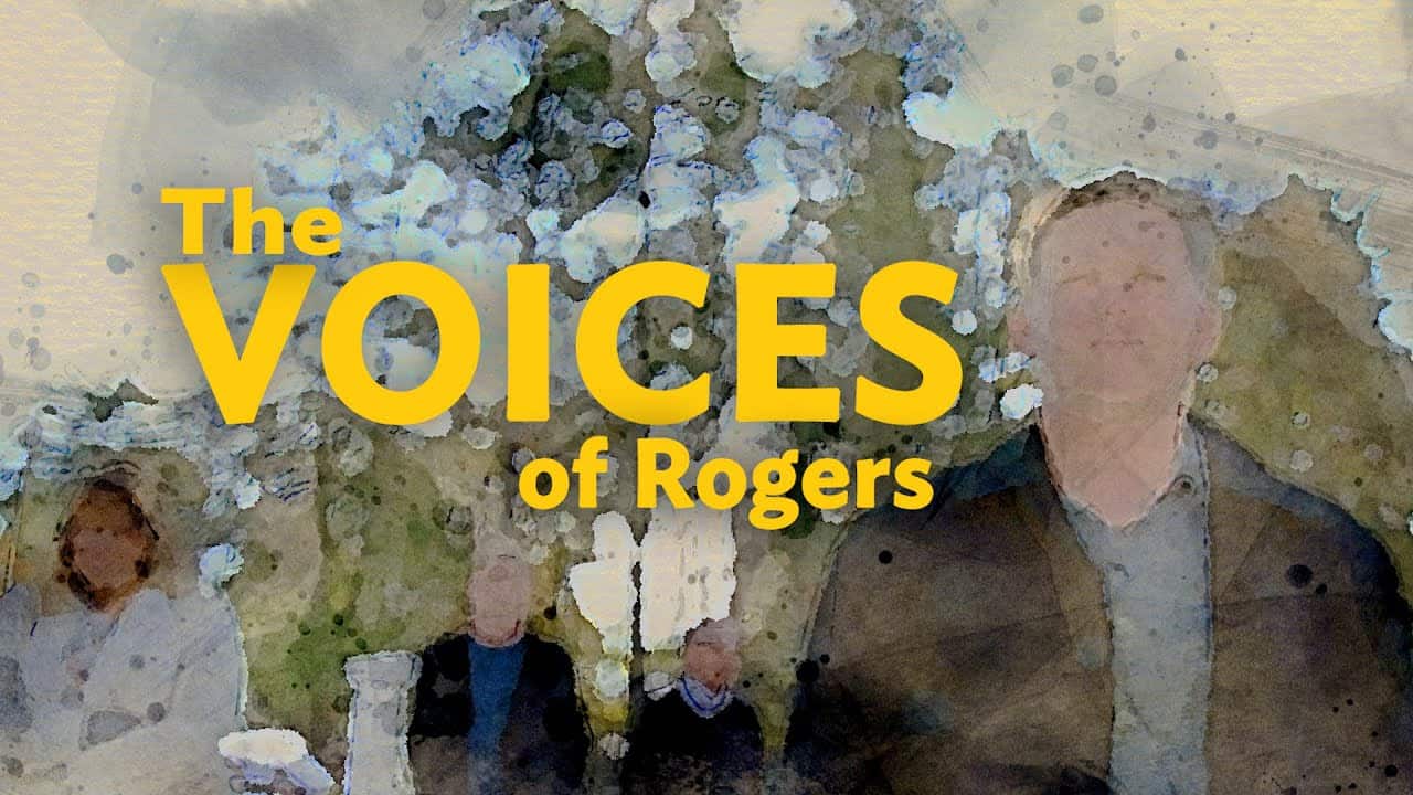 Watercolor-style illustration with abstract human figures and large yellow text reading "Voices of Rogers."