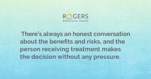 The image features a gradient background transitioning from a light yellow at the top to a light blue at the bottom. Text that is centered says There’s always an honest conversation about the benefits and risks, and the person receiving treatment makes the decision without any pressure."