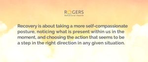 Background transitions from pastel orange at the top to pale yellow towards the bottom. Text in the middle about mental health recovery says: Recovery is about taking a more self-compassionate posture, noticing what is present within us in the moment, and choosing the action that seems to be a step in the right direction in any given situation.