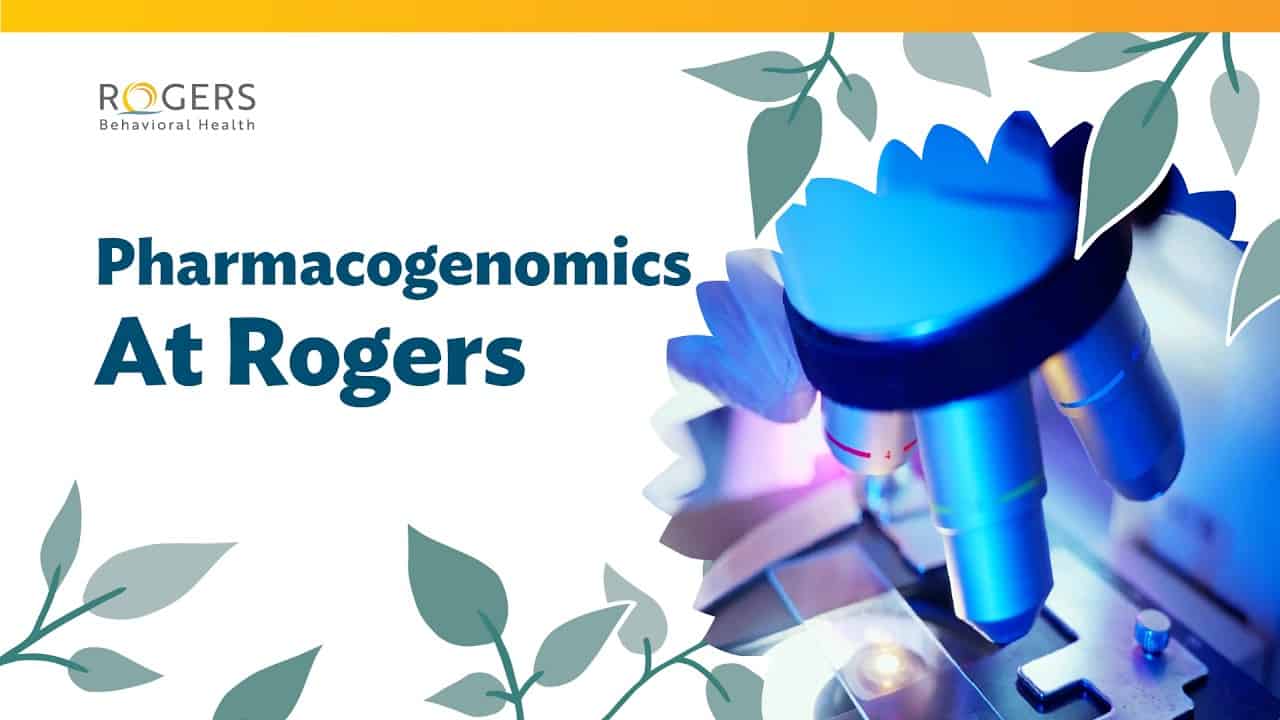An illuminated microscope with text overlay reading "Pharmacogenomics at Rogers."