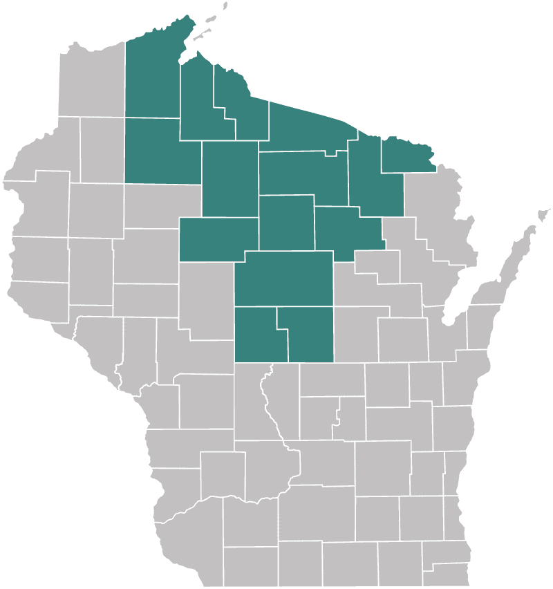 Map of Wisconsin with the counties of Marathon, Wood, Portage, Langlade, Forest, Florence, Vilas, Oneida, Lincoln, Taylor, Price, Iron, Ashland, Sawyer, and Bayfield highlighted.