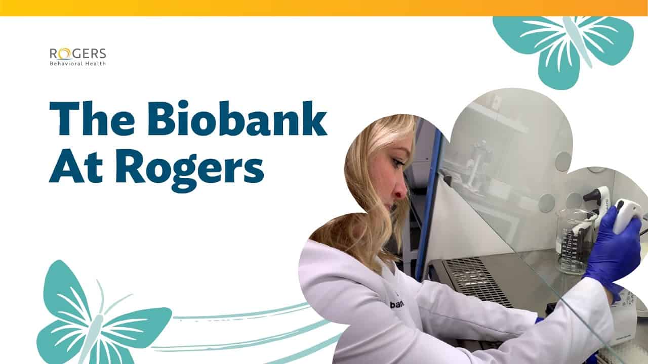 Split image with text 'The Biobank At Rogers' and a woman in a lab coat using a pipette in a lab.