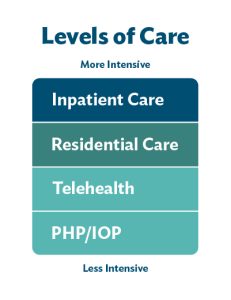 Levels of care graphic with more intensive on top: Impatient care, residential care, telehealth, outpatient
Less intensive on the bottom