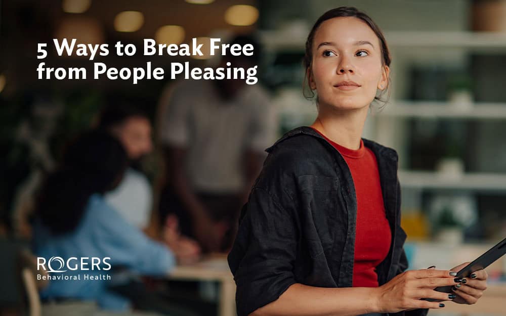 The image shows a young woman who is considering what she should do and feeling hesitant. Text says How to break free from People pleasing