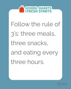 Fresh Starts for School Smarts graphic with text that says: Follow the rule of 3’s: three meals, three snacks, and eating every three hours.
