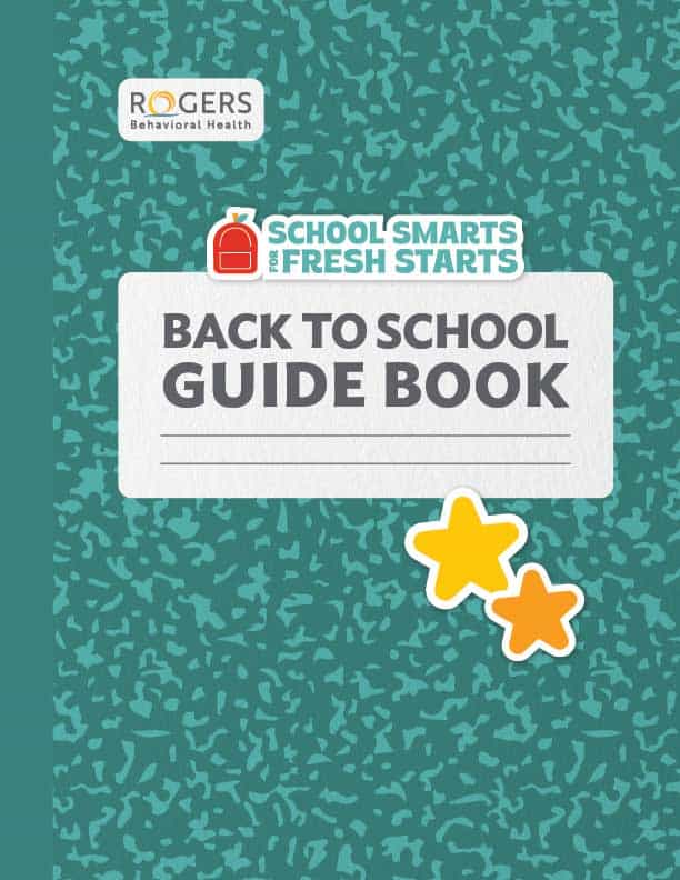 Cover of a guidebook titled "Back to School Guide Book" by Rogers Behavioral Health, featuring a textured teal background, playful text in blue and black, and two yellow stars.