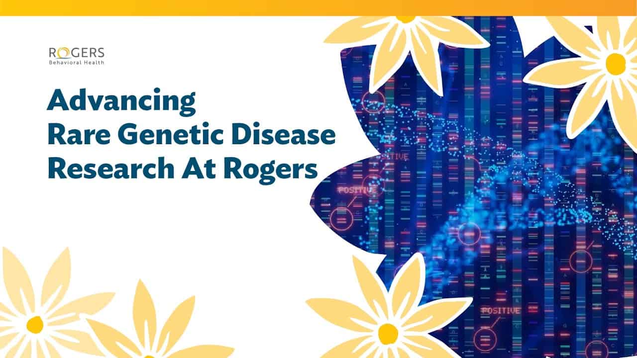 Text promoting genetic research at Rogers, with a colorful DNA sequencing background and large yellow flowers framing the design.