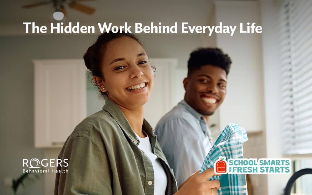 Image shows a husband and wife doing dishes. Text says : The Hidden Work Behind Everyday Life