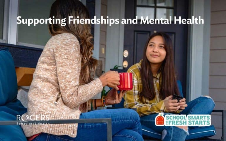 Image shows two girls talking, one of whom is out of treatment for OCD. White text says: Supporting Friendships and Mental Health