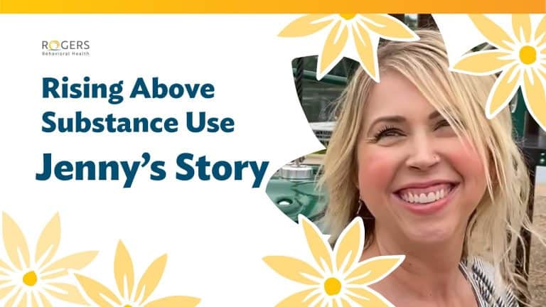 Rogers Behavioral Health graphic titled “Rising Above Substance Use: Jenny’s Story,” featuring a close-up portrait framed by yellow floral illustrations.