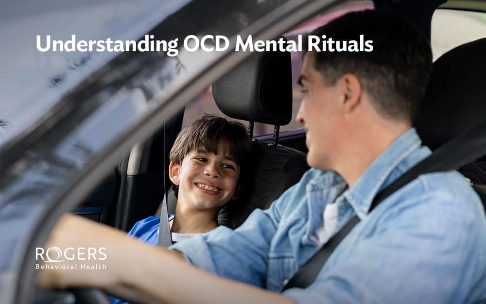 Image of dad and son in the car. So is struggling with mental compulsions. Text says: Understanding OCD Mental Rituals